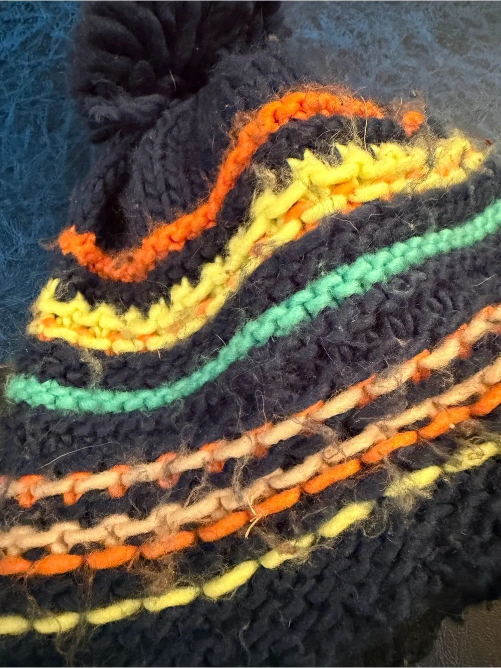 Children's Navy Knit Earflap Hat with Colorful Stripes & Matching Black Mittens
